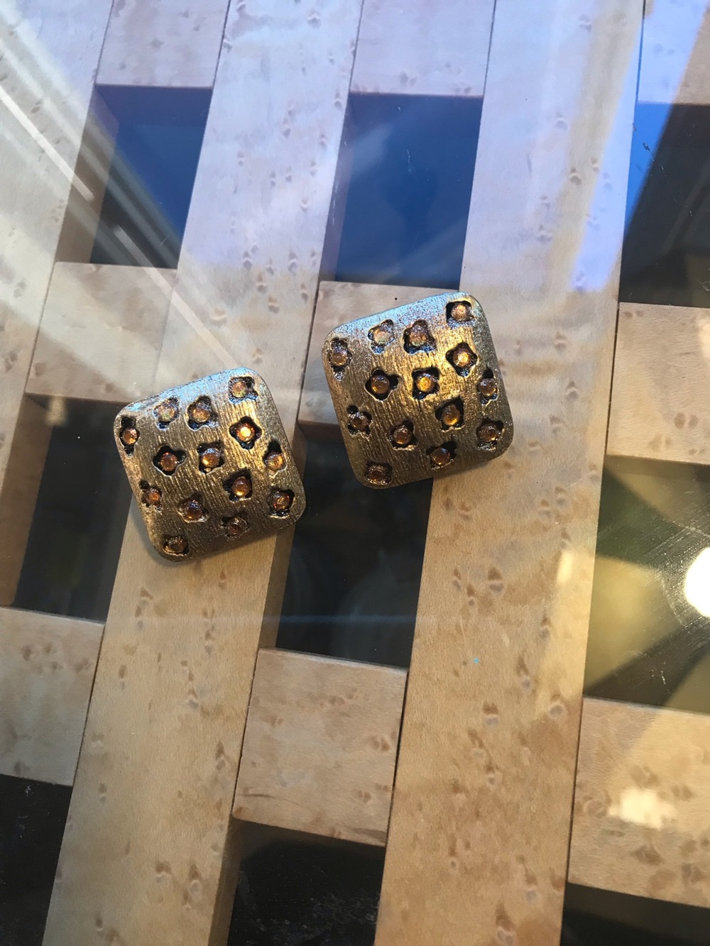Gold Tone Square Stud Earrings with Amber Accents
